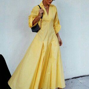 Yellow Elegant Womens V-Neck Long Sleeve Maxi Dress